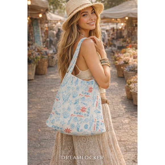Free People Handbags - Free People Nautical Seashell Print Gauze Tote Bag Reusable Shopper Blue Red